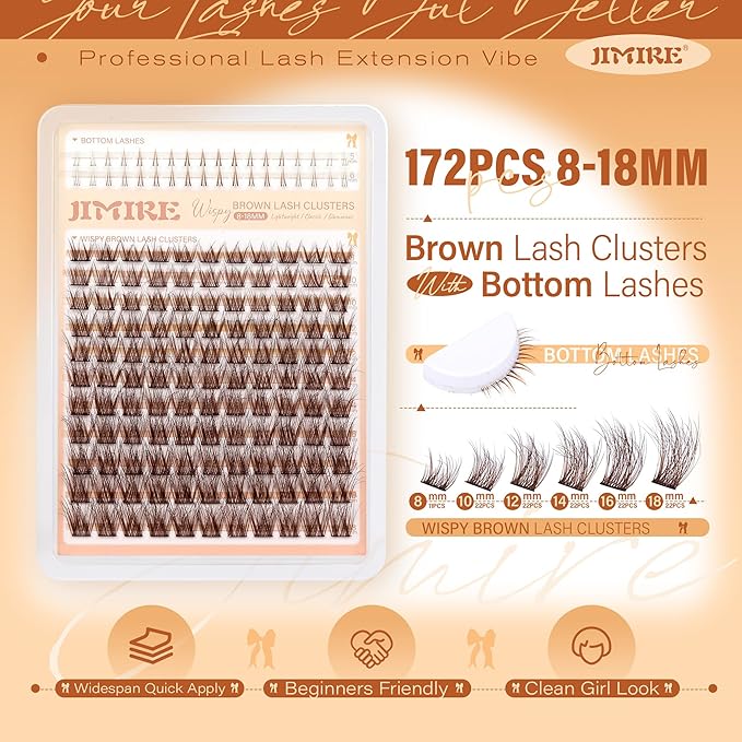 JIMIRE Brown Lash Clusters Wispy Lash Extensions Natural Eyelash Clusters with Bottom Lash Clusters 8-18MM Soft Fluffy Cluster Eyelash Extensions 161Pcs Cluster Lashes DIY at Home