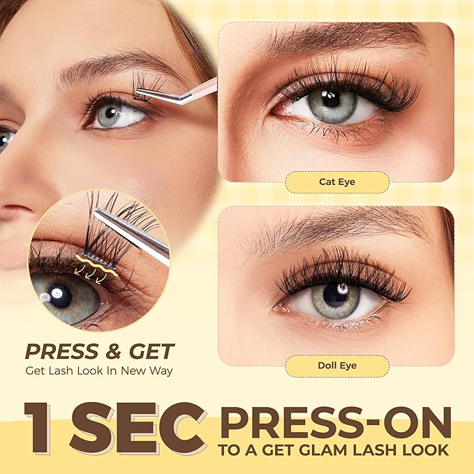 PopUp Self Adhesive Eyelashes Clusters, Press On Lashes Pre Glued Eyelash Extension Kit with Lash Tweezer,10-16mm No Glue No Remover Needed Self Adhesive Lashes Clusters AC58