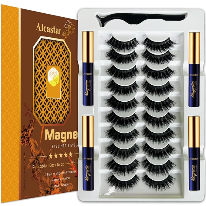 Alcastar Magnetic Eyelashes and Eyeliner Kit,Magnetic Lashes Natural Looking with Eyeliner,Eyelash With Applicator,Waterproof, Long Lasting,Cruelty Free (BT-100426)