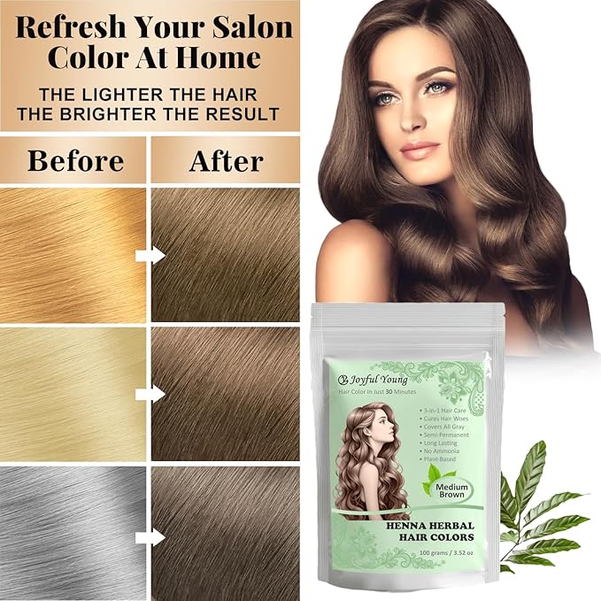 3IN1 Henna Hair Color - 30 Min Fast Herbal Hair Dye for Gray Coverage, Conditioning & Hair Treatment - No Ammonia, Semi-Permanent, Plant-Based (MEDIUM BROWN)
