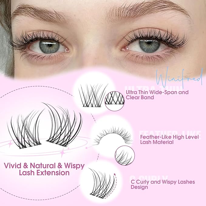 Winifred Natural Lash Clusters Wispy Eyelash Clusters 10-12mm Lashes Clusters C Curly Cluster Eyelash Extensions Clear Band Short Individual Lashes Natural Look Lash Extension