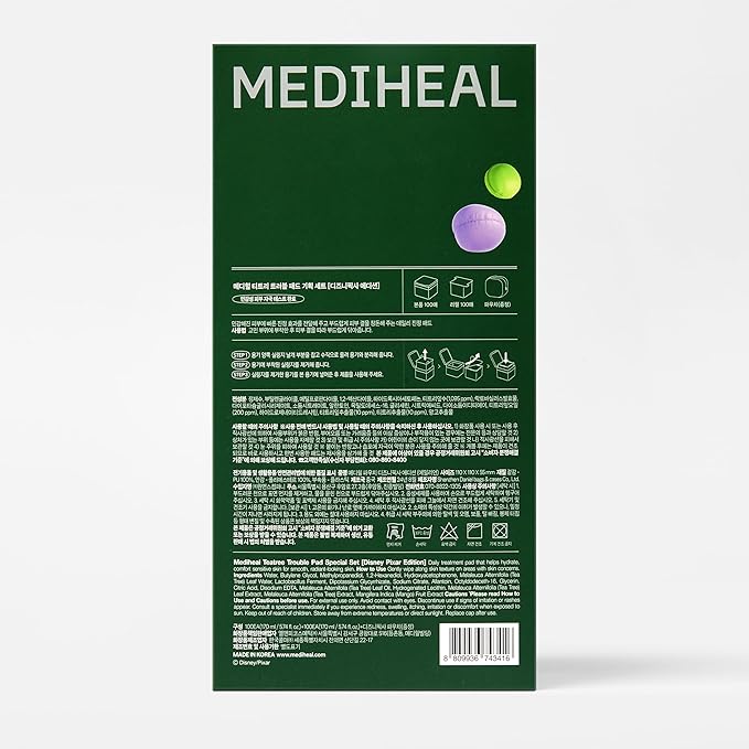 MEDIHEAL Toner Pads [Teatree] Trouble Care - Disney Pixar Edition - Quick Soothing for Sensitive Skin - Lactobacillus Acne Prone Skin - Vegan Face Gauze, Full Size 100 + Refill 100 (200 Count)