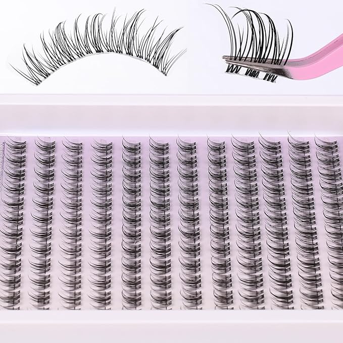Natural Lash Clusters Kit Wispy Lash Invisible Clear Band Cluster Eyelash Extensions Kit 8-16mm Individual Lashes Extension D Curl Eyelash Clusters with Anime Clusters