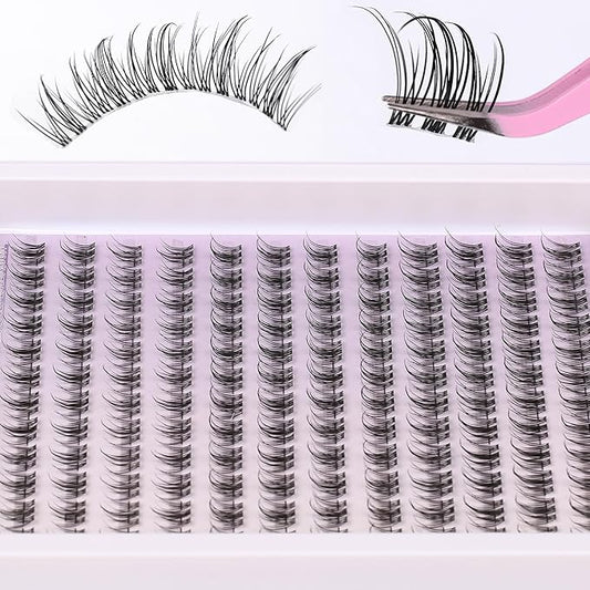 Natural Lash Clusters Kit Wispy Lash Invisible Clear Band Cluster Eyelash Extensions Kit 8-16mm Individual Lashes Extension D Curl Eyelash Clusters with Anime Clusters