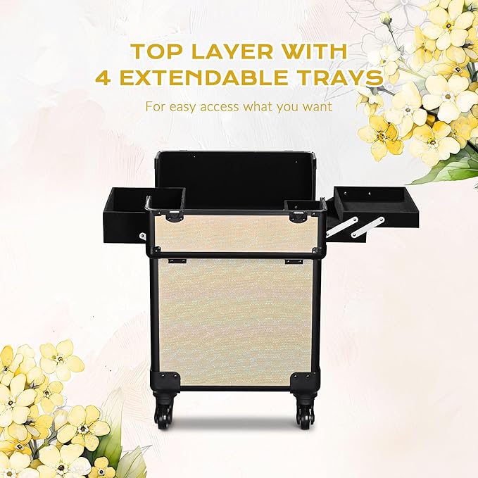 BYOOTIQUE Rolling Cosmetic Case Nail Tech Storage Cart on Wheels Hairdressing Brush Bags for Makeup Artist Salon Beautician Barbershop Hairstylist，Grace ForgetMeNot