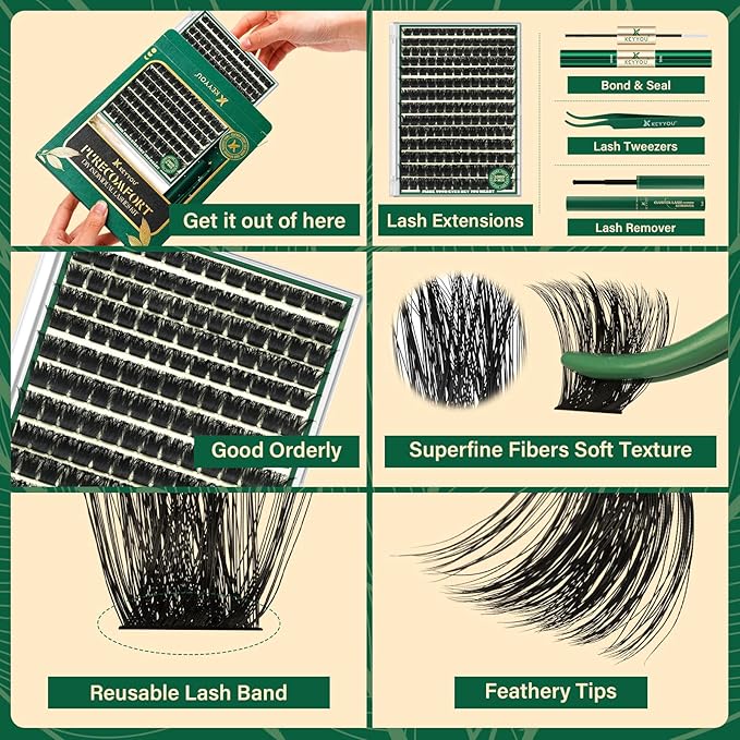 KEYYOU Lash Clusters Kit 182pcs Thick Volume Lash clusters 200D D Curl Wispy Easy to Apply with Lash Bond and Seal Lash Applicator Lash Remover Lash Extension Kit at Home(RMkit-200D-D-10-18mix)