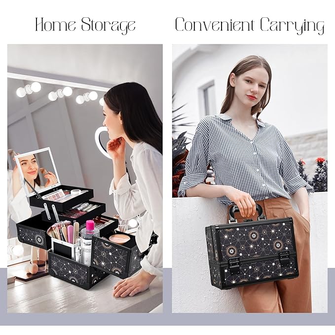 Joligrace 11.8 inch Makeup Train Case Cosmetic Organizer Box Lockable with 3 Trays and a Brush Holder Pattern Collection - Star Chart