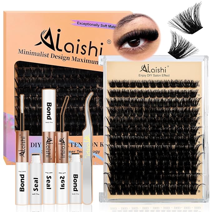 Lash Clusters Kit, DIY Cluster Eyelash Extensions 10‑20mm, 150D, 156pcs Fluffy D Curl Natural Lashes with Bond & Seal,Tweezers–Fake Cat Eye Individual Clusters