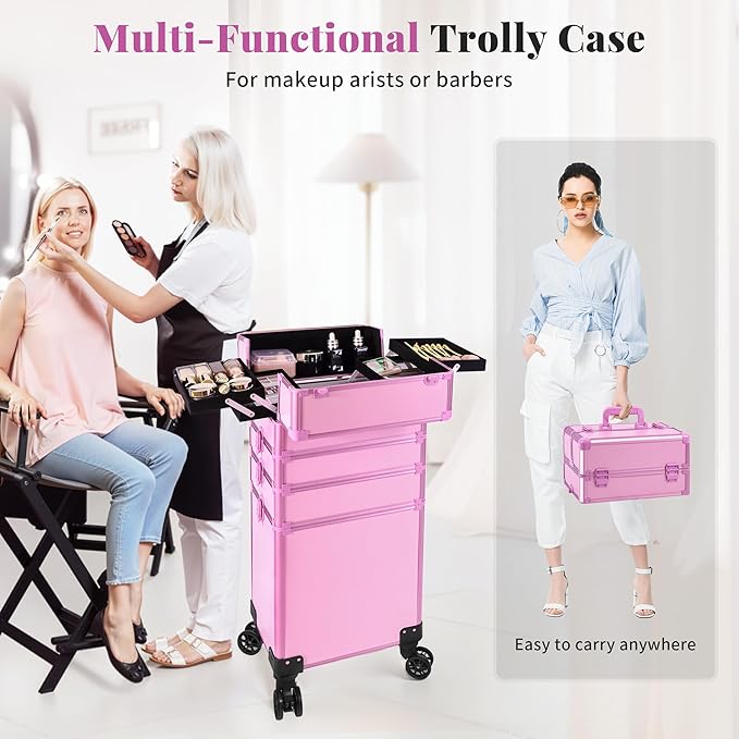 Profesional Rolling Makeup Train Case with Lid, 5 in 1 Cosmetology Case on Wheels, Large Cosmetic Trolley Organizer Travel for Hairstylist Artist Nail Beauty Salon Barber, Pink