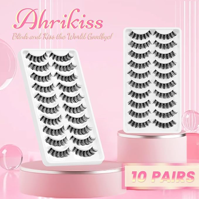 Ahrikiss Russian Lashes Clear Band False Eyelashes Wispy Natural Look, D Curl Fake Strip Eye Lashes Faux Mink Fluffy Eyelashes 10 Pairs Pack(R1)