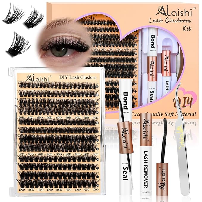 Lash Clusters Kit, DIY Cluster Eyelash Extensions 9‑16mm, 60D+80D+100D, 224pcs Fluffy D Curl Natural Lashes with Bond & Seal,Remover,Tweezers,Brush–Fake Cat Eye Individual Clusters