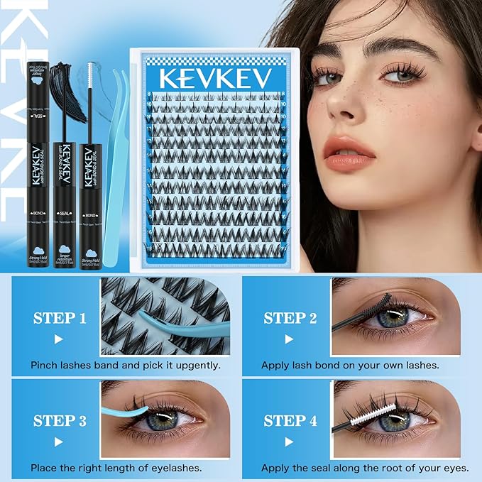 KEVKEV Fairy Lash Clusters Kit Manga Lash Extension Kit Invisible Band Spiky Lash Clusters Eyelash Clusters Kit with Lash Bond and Seal Lash Tweezers(Fairy Kit-8-18mix)