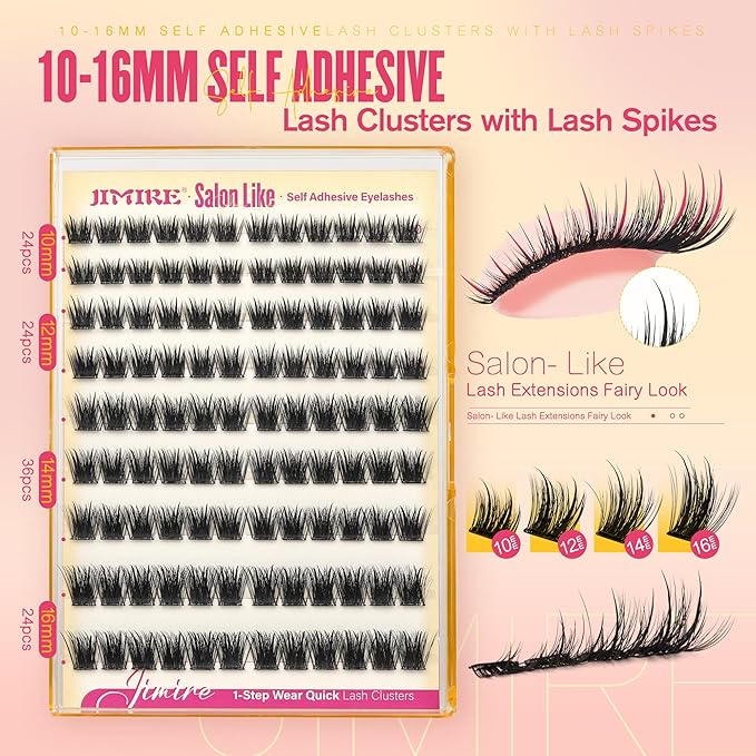JIMIRE Self Adhesive Eyelashes Wispy Lash Clusters No Glue Needed Press on Lashes Reusable Self Adhesive Lash Clusters 10-16MM Pre-Glued Eyelash Clusters Easy to Apply 108Pcs Pack