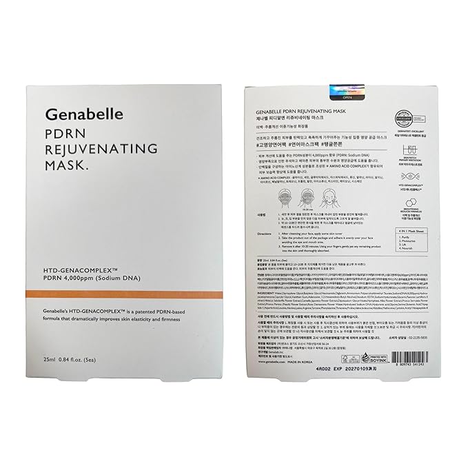 Genabelle PDRN Rejuvenating Mask Sheet - Lightweight Glass Skin & Toning Mask Sheet with PDRN, Niacinamide, Hyaluronic Acid, To Deeply Hydrate, Cool, and Visibly Plump the Skin, 0.84 fl oz* 5ea