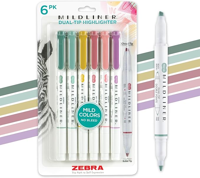 Zebra Pen Mildliner Dual-Tip Highlighter Marker Set, Chisel Tip, Ideal for Bible Highlighting, No Bleed, School Supplies and Teacher Supplies, Assorted Mild Colors, 6-Pack (78906)