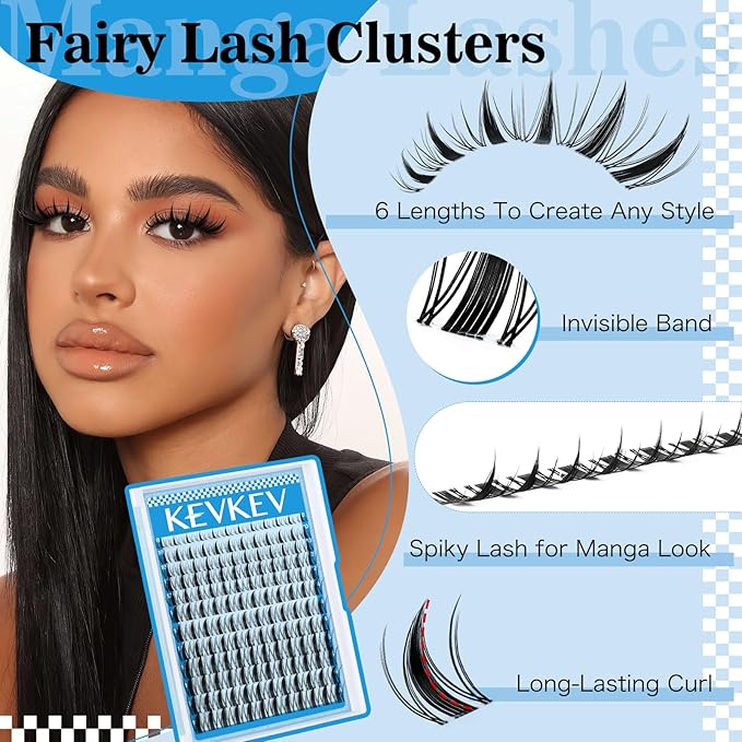 Fairy Lash Clusters 144pcs Manga Lash Clusters Natural Wispy Eyelash Clusters Invisible Ultra-Thin Band Anime Spiky Lashes DIY Lash Extensions (Fairy01, 8-18mix)