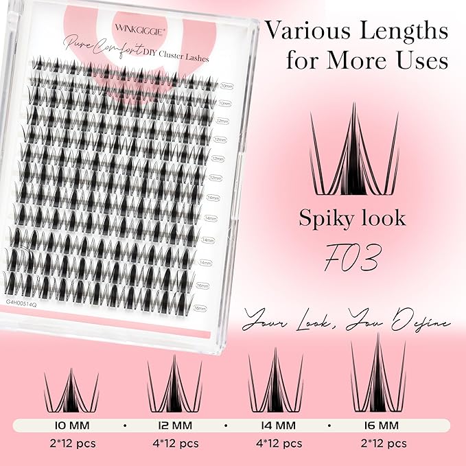 Manga Lash Clusters Wispy Eyelash Clusters with spikes, 144pcs D Curled Natural Volume Lash Extensions with Soft Ultra-thin Band, 10-16mm (F03)