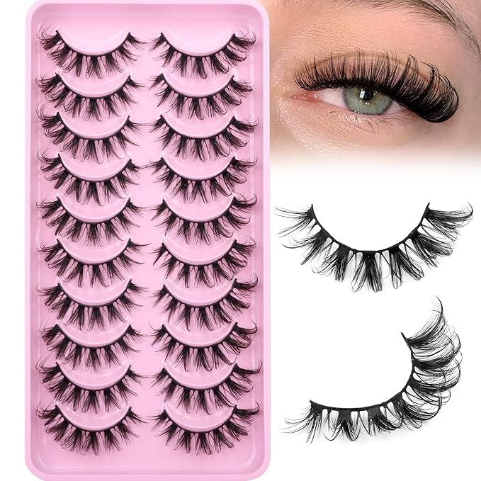 Eefofnn Natural False Eyelashes D Curly Lashes Cat Eye Russian Strip Lashes Fluttery Eyelashes 16mm Wispy Fake Lashes that Look Like Extensions Volume Faux Mink Eyelashes 10 Pairs Pack