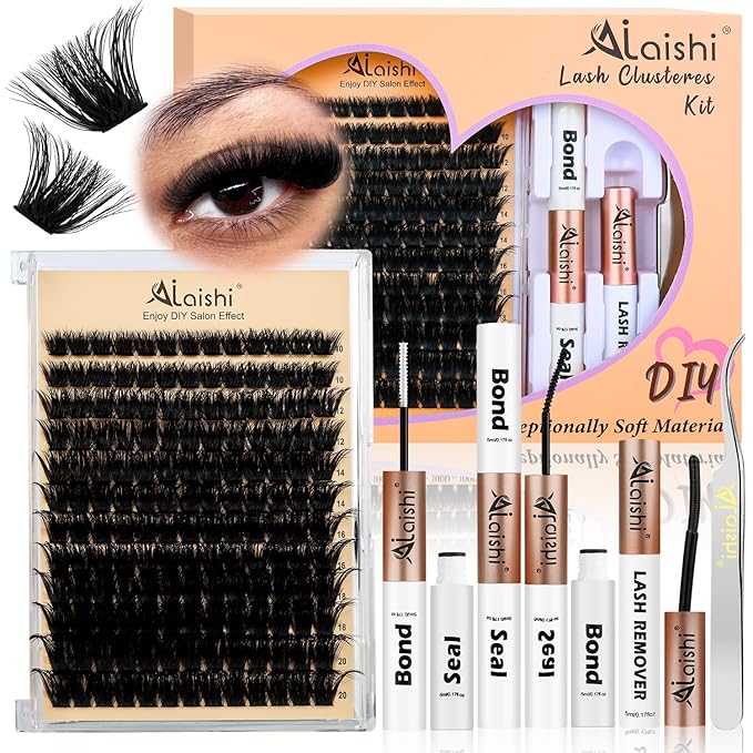 Lash Clusters Kit, DIY Cluster Eyelash Extensions 10‑20mm, 150D, 156pcs Fluffy D Curl Natural Lashes with Bond & Seal,Remover,Tweezers – Fake Cat Eye Individual Clusters