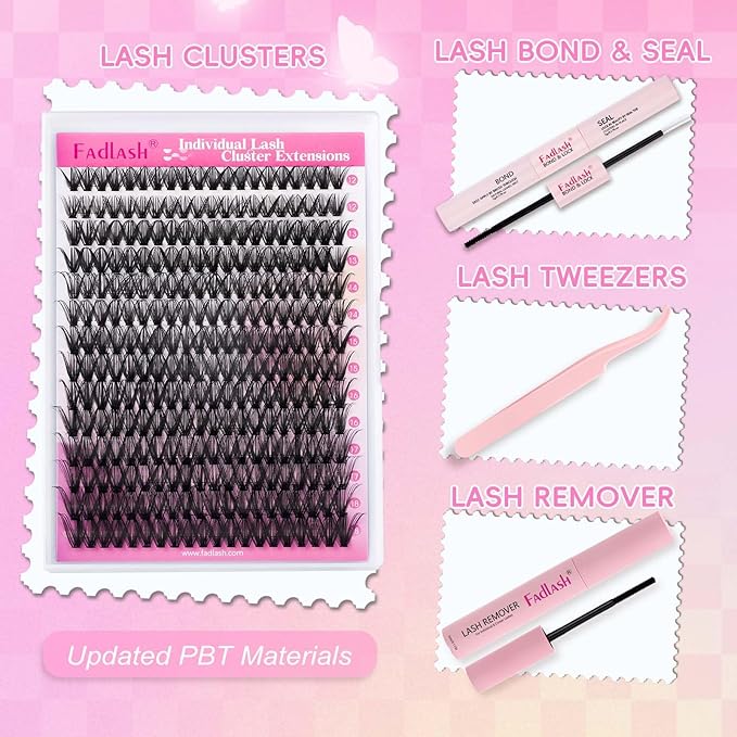 FADLASH DIY Lash Extension Kit Individual Lashes Cluster D Curl Eyelash Extension Kit D Curl Lash Clusters Lash Applicator Tool for Self Application at Home(KIT 40D-D-12-18mm)