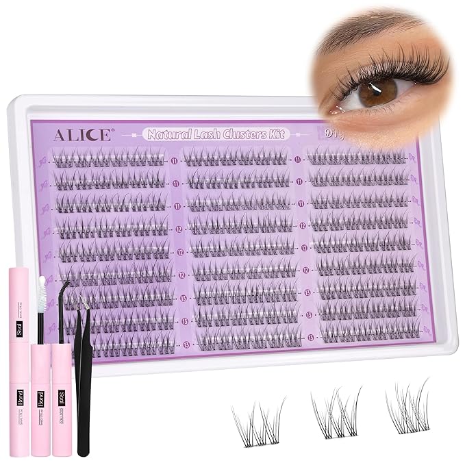 ALICE Natural Lash Clusters Kit Clear Band Wispy Lash Extension Kit Cluster Eyelash Extension Kit 162pcs C Curl 11-13mm Individual Lashes with Lash Glue Bond and Seal and Tweezers DIY at Home