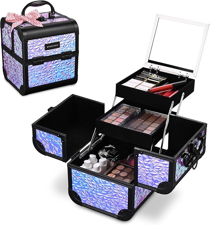 BYOOTIQUE Professional Makeup Case with Mirror 2-Tier Trays Mermaid Cosmetic Storage Box Lockable Jewelry Organizer for Nail Bar Beautician Salon Barber Hairstylist Travel,Mermaid Purple