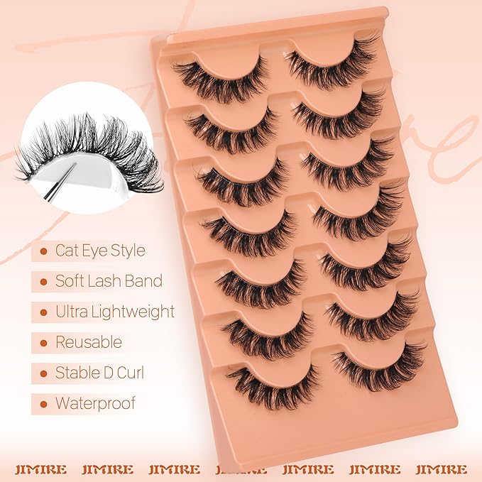 JIMIRE Cat Eye False Eyelashes Volume Mink Lashes Fluffy D Curl Russian Strip Lashes Natural Look 15MM Soft Cat Eye Fake Lashes with Clear Band Lash Extensions 7 Pairs Pack
