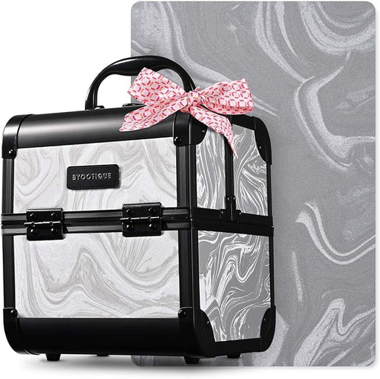 BYOOTIQUE Makeup Train Case with Mirror 2-Tier Trays Nail Travel Case Lockable Jewelry Organizer Cosmetic Box False Eyelash Storage for Nail Tech Cosmetologist Barbershop,CoyoteButtes Graystone
