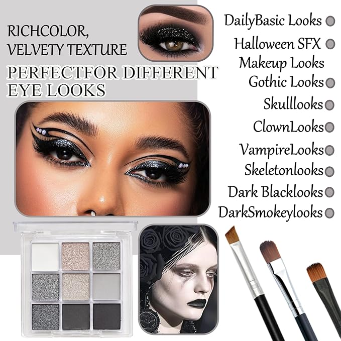 Black Grey Smoky Eyeshadow Palette,15 Colors Matte Shimmer Pigmented Eye Shadow Makeup Palette Set with 3 Eyeshadow Brushes,Glitter Eyeshadow Makeup Palette for Daily Halloween Goth Makeup(D)