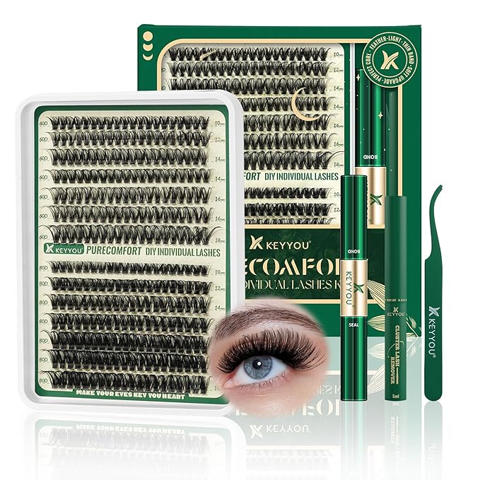 KEYYOU Lash Clusters Kit DIY Lash Extension Kit 280pcs Soft Lash Clusters 60D+80D D Curl Easy to Apply with Bond and Seal Applicator Remover Eyelash Extension Kit at Home(RMkit-60D80D-D-10-18mix)
