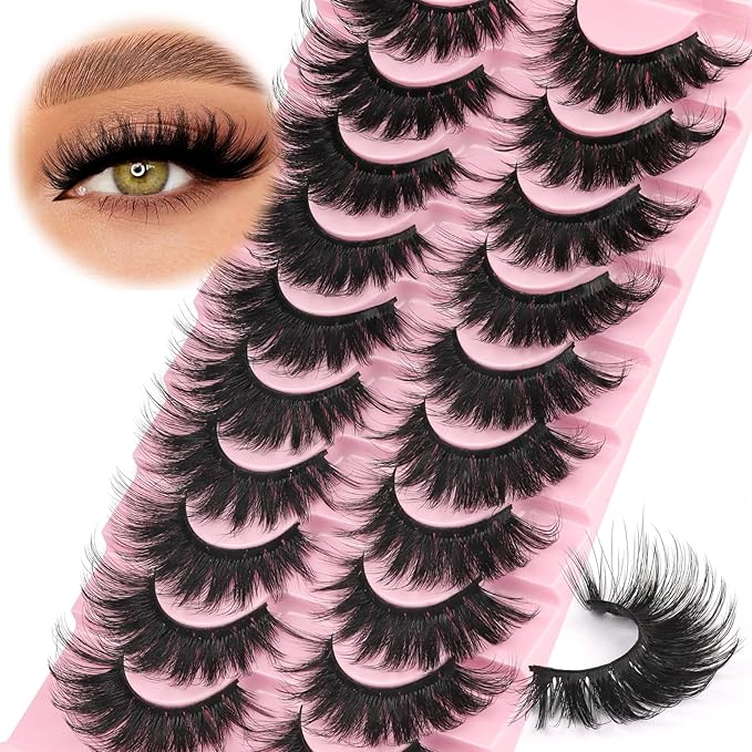Ahrikiss Lashes Fluffy False Eyelashes 5D Volume Fake Lashes That Look Like Extensions 10 Pairs Soft Thick Strip Lashes Wispy Faux Mink Lashes (D15)