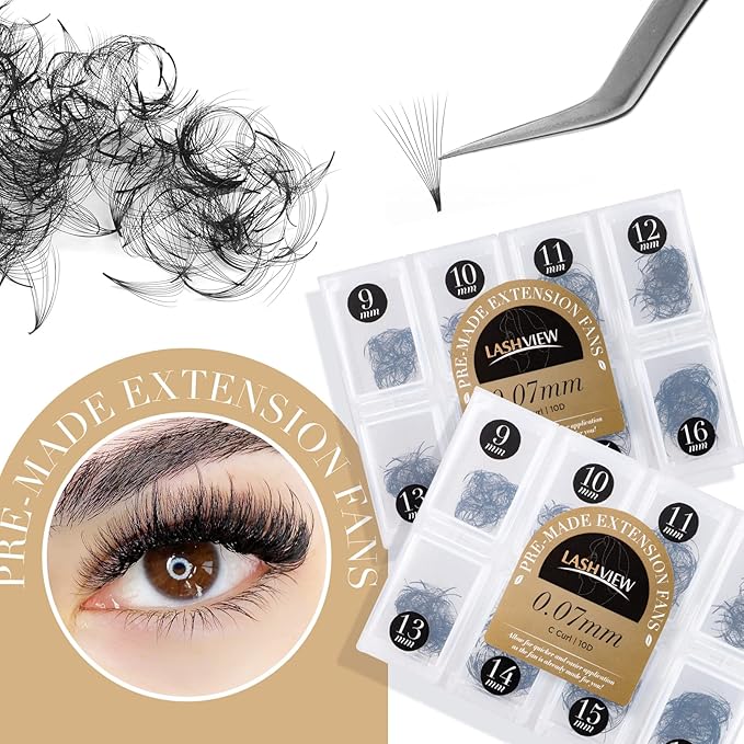 LASHVIEW 1000 Premade Volume Eyelash Extensions Mixed Tray 10D Premade Fans Eyelash Extensions C Curl Premade Lash Fans Pointed Handmade Promade Loose Fans Thin Base (10D-0.07C,9-16mm)
