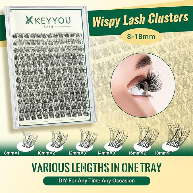 KEYYOULASH Lash Clusters Kit 144pcs 8-18MIX Natural&Wispy Cluster Lashes Thin Band Lash Extension Kit with Bond and Seal,Remover,Applicators for DIY Fluffy Eyelash Extension Kit at Home(KY02 Kit)