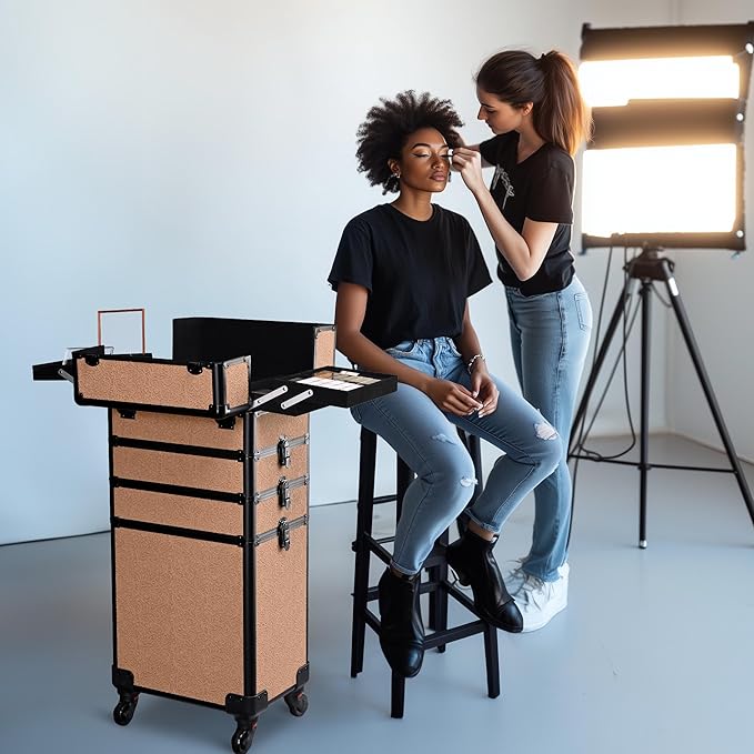 BYOOTIQUE 4in1 Cosmetology Rolling Case Nail Tech Storage Cart Makeup Torrley Travel Barber Suitcase False Eyelash Storage for Beauty Studio Nail Salon Wedding Make up Attist Manicurist,Rococo Coral