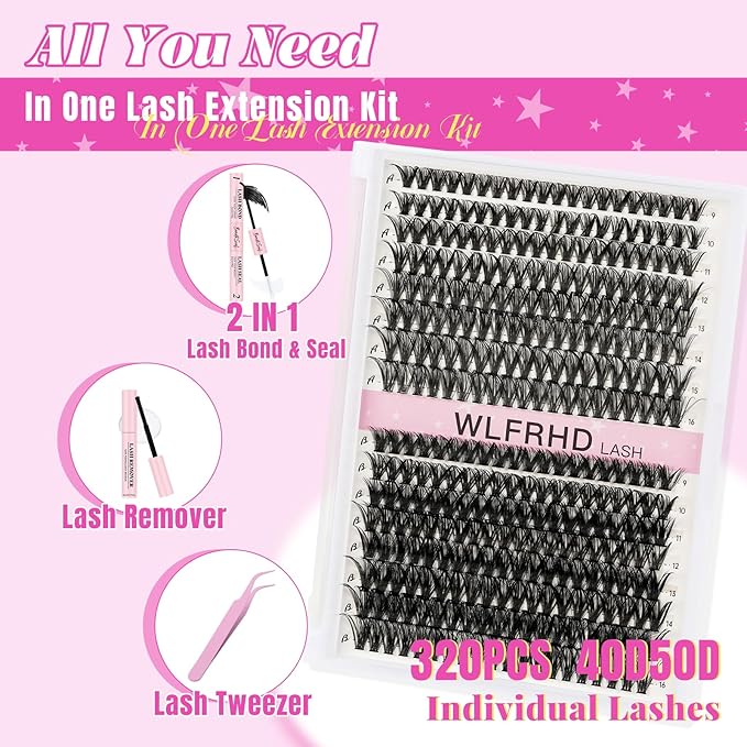 Lash Clusters Kit 320 Pcs DIY Individual Cluster Lashes D Curl Lash Extension Kit with Eyelash Bond and Seal, Remover, Tweezers Applicator for False Eyelash Cluster Kit(40D+50D, Mix9-16mm Kit)