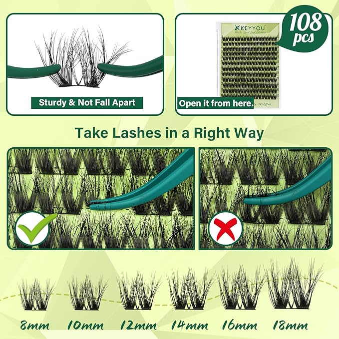KEYYOU Lash Clusters 3D Effect Eyelash Clusters 108pcs D Curl PuffSilk V3D05 Wispy Lashes Cluster Lashes Natural Soft DIY Lash Extension at Home(PuffSilk V3D05-D-8-18MIX)