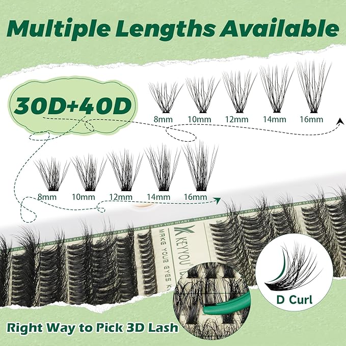 KEYYOU 3D Effect Lash Extension Kit - 280pcs D Curl 8-16MIX Eyelash Clusters with Lash Bond, Seal, Tweezers, Remover & Brush for Volume (Brown, Faux Mink, Adhesive Mount)