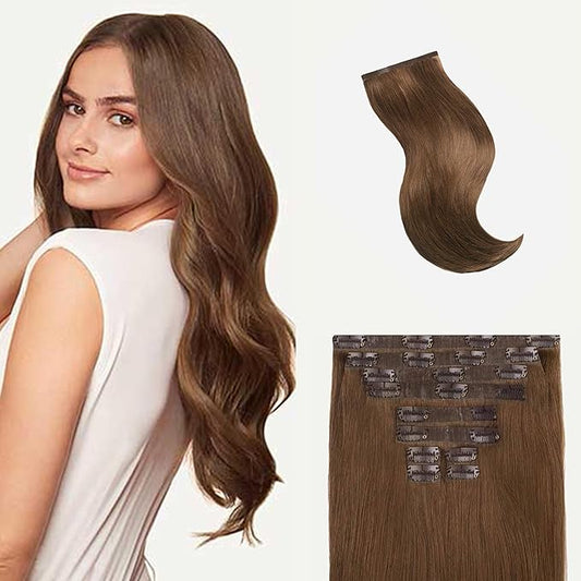 Luxy 100% Remy Human Hair - Seamless Clip-In Hair Extensions - Multi-Dimensional Color for Natural Blending, Adds Volume & Length 50 grams 12" Chestnut Brown Seamless