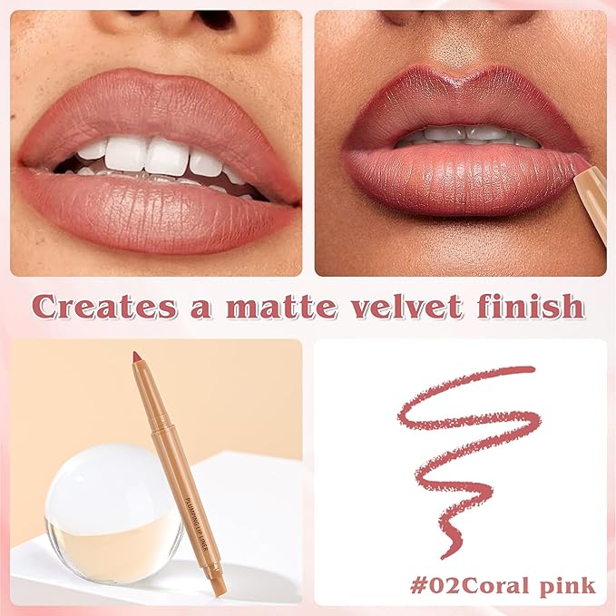 Matte Lip Liner, Plump Lipliner Pencil Crayon，Creamy Matte Finish with Silicone Smudger For Women, High-Pigment Smooth Formula for Sculpting &Contours Lip，Longwear，Lips Makeup，02#Coral pink