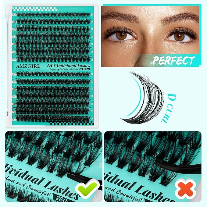 Lash Extension Kit 280Pcs,60D 80D Individual Lashes Clusters Kit,Lash Bond And Seal,Lash Remover For Eyelashes Extensions,Lash Applicator Tool For False Eyelash Cluster Kit At Home(D-Mix8-16mmKit)