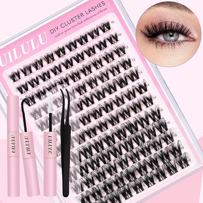 Lash Clusters Kit for DIY Lash Extension at Home, False Eyelashes Set with Bond Seal, Lash Remover, Brush, Tweezers, D Curl Wispy Individual Clusters Eye Lash Extensions Kit (U10 DIY Lash Kit)