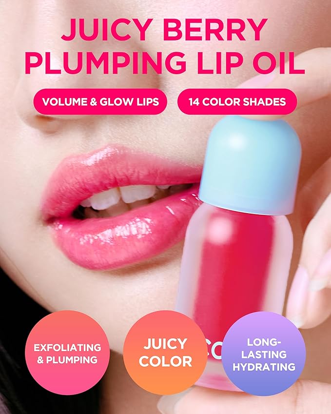 TOCOBO Juicy Berry Plumping Lip Oil 01 Chill Red – Korean Vegan Hydrating Lip Oil with Plant Oils for High Shine Gloss - Non Sticky Formula for All Skin Tones, 0.12 fl.oz.
