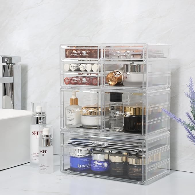 Cq acrylic Clear Stackable Storage Drawers,Plastic Makeup Organizer and Bathroom Storage Bins WIth 9 Drawers For Make up,Medicine,Craft,Pen,Beauty and Office Supply Organizer