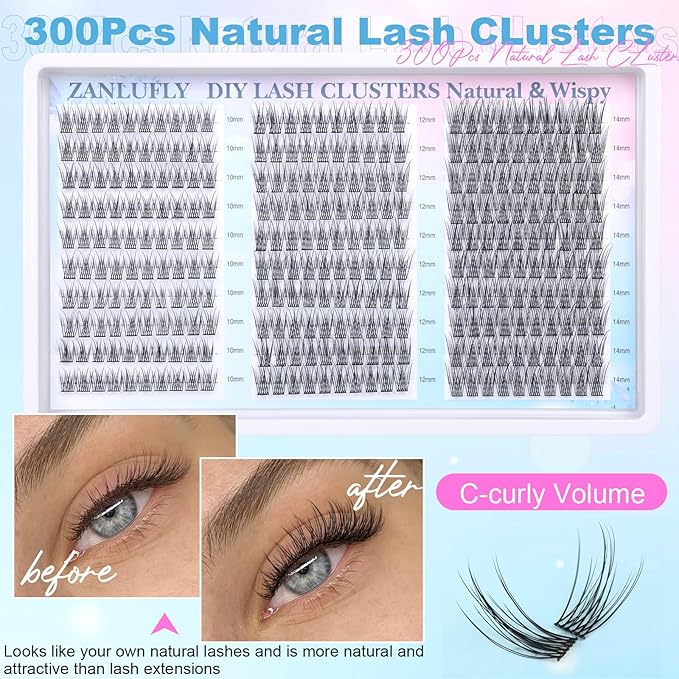 Lash Clusters Wispy Eyelash Clusters C-Curly Individual Lashes zanlufly Natural 300Pcs Cluster Lashes Eyelash Extension 10 12 14MM DIY Lash Extension