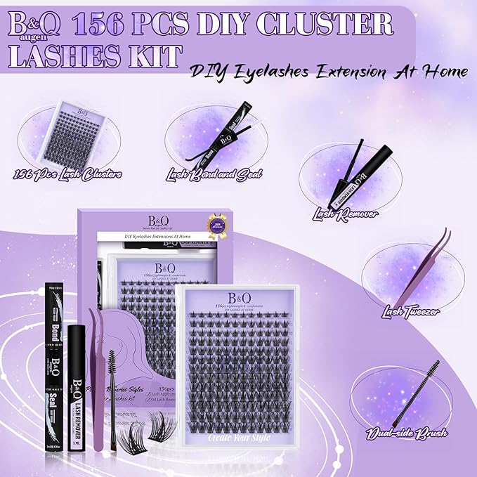 B&Q Wispy Lash Clusters Kit B31, DIY Lash Extension Kit 156PCS Eyelash Extension Kit, Soft Natural Lash Clusters 8-18MIX D Curl Lash cluster, Thin Black Band Cluster Eyelash Extensions (B31 Set)