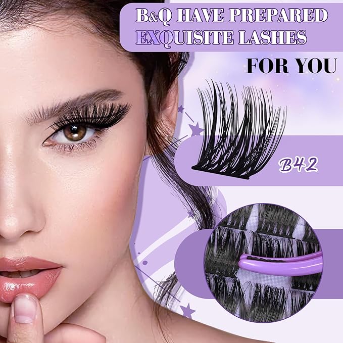 B&Q Wispy Lash Clusters Kit B42, DIY Lash Extension Kit 156PCS Eyelash Extension Kit, Soft Natural Lash Clusters 8-18MIX D Curl Lash cluster, Thin Black Band Cluster Eyelash Extensions (B42 Set)