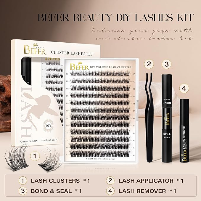 BEFER Lash Clusters Kit, 120 Pcs 3D Curl Eyelash Clusters Volume Individual Lashes Extensions 10-16MM Wispy Eyelash with Tweezers DIY At Home(Vigor, ZE02,Kit)