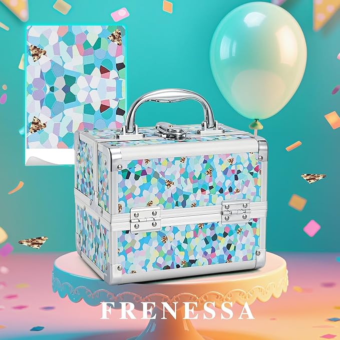 FRENESSA Makeup Case Train Case Portable Kids Makeup Box with Mirror Lock Box Travel Cosmetic Train Cases Hard Makeup Organizer for Girls Nail Craft Storage Vanity Mosaic Puzzle
