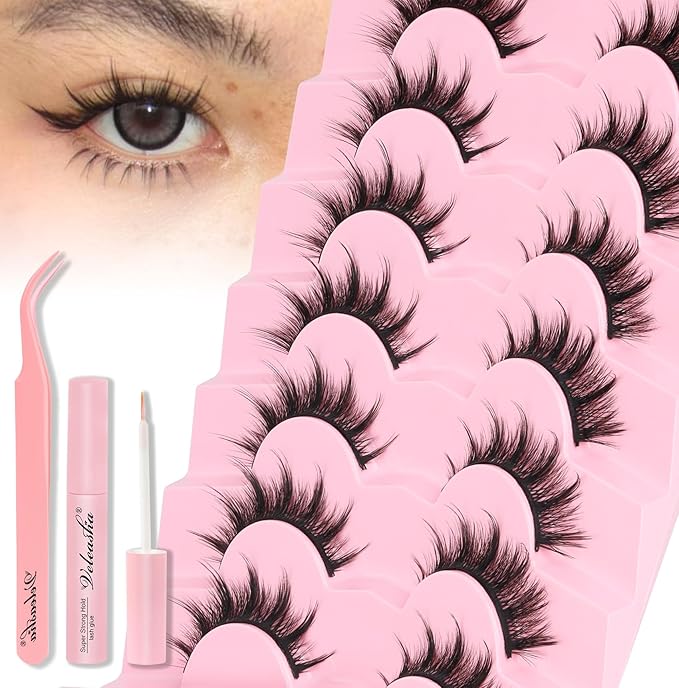 Veleasha Lashes Kit Manga Eyelashes Cat Eye Lashes Spiky Eyelash C Curl with Lash Glue & Tweezers Lash Wispy Natural Look False Eyelashes with Soft Cotton Band 7 Pairs Pack (Sunny Kit)