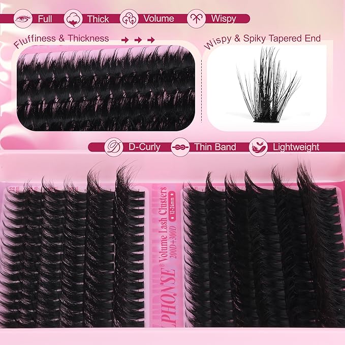 Lash Clusters Kit 200D+300D Mega Volume Cluster Eyelash Extensions 12-24mm Wispy Eyelash Clusters Fluffy Cluster Lashes DIY Lash Extension Kit with Bond and Seal at-Home Application by ALPHONSE